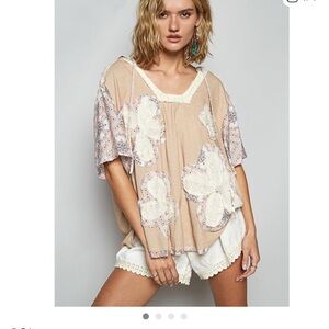 POL Beige Floral Patchwork Tunic with Pink Accents